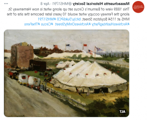 A screenshot of a Twitter post. There is text at the top and an image of a color painting at the bottom. The painting is of a large white circus tent with many flags flying from the top. It is set up in a grassy area between two dirt roads and there are wagons and people around the tent. There is another white tent in the background, and further in the distance are buildings. To the right is a large brown rectangle and a smaller black rectangle. 