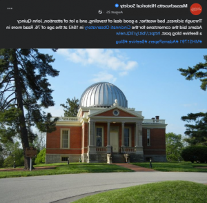 Screenshot of a Facebook post. There is text at the top with a color photograph of a brick and white stone building with a rounded top or cupola at the bottom. There is manicured grass and many trees around the building. 