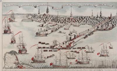 Engraving of many ships with red flags arriving at Boston's coast
