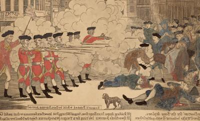Colored drawing depicting the King Street massacre; a group of British soldiers wearing red coats (right) face off against an unruly crowd an unruly crowd (left) wearing blue coats
