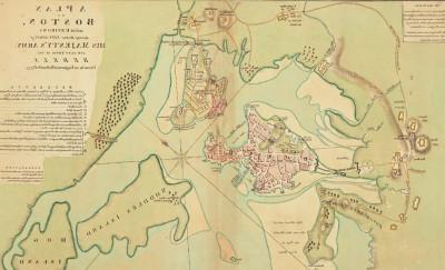 波士顿及其周边地区的地图, 插图显示了英国和殖民地军队的位置