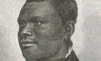 An etched image of a Black man in profile, wearing a bowtie and a black jacket.